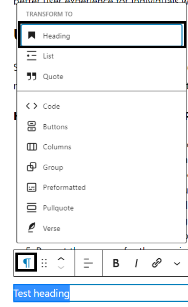 Convert the paragraph block into heading by click P icon