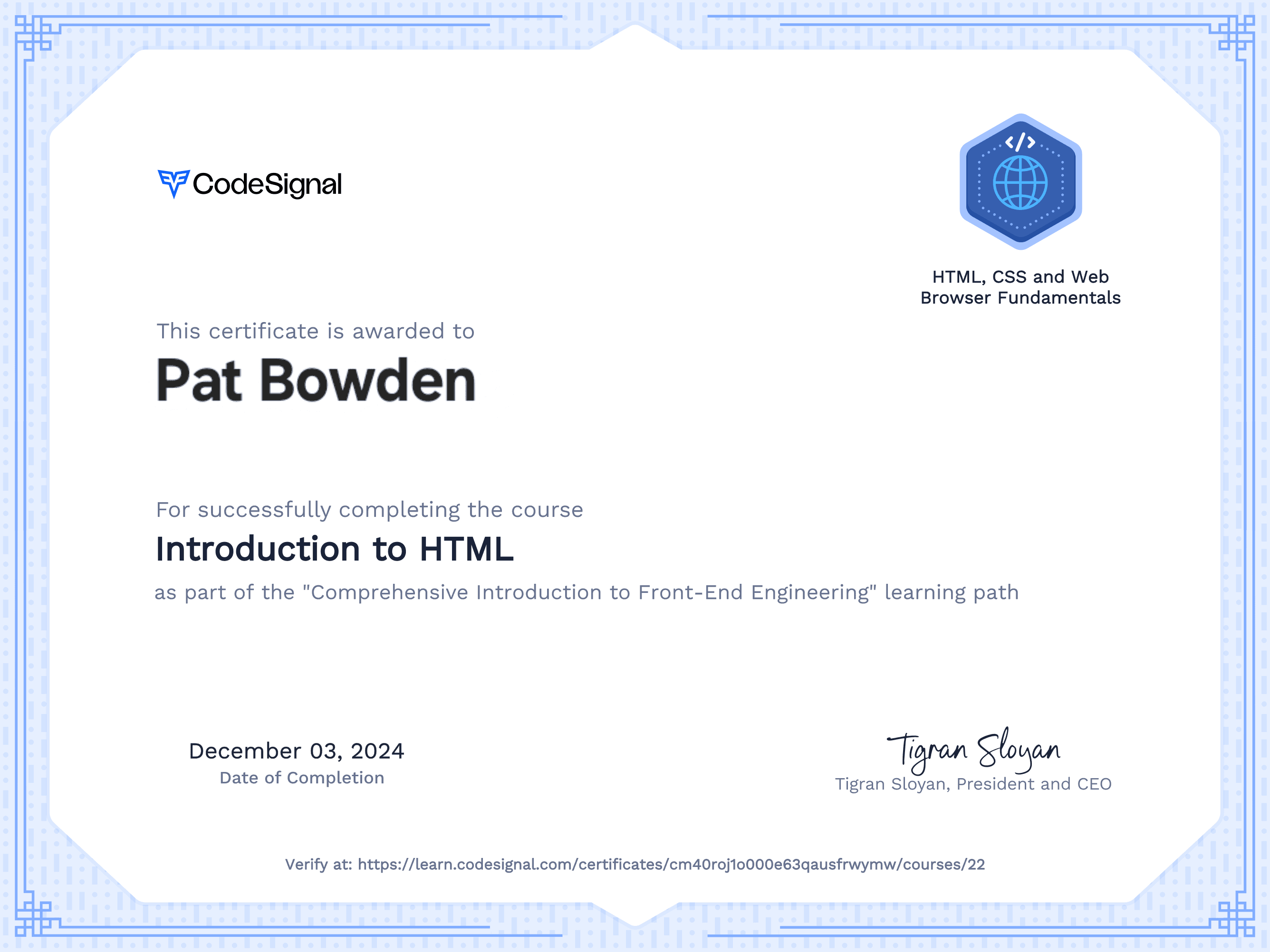 CodeSignal certificate example