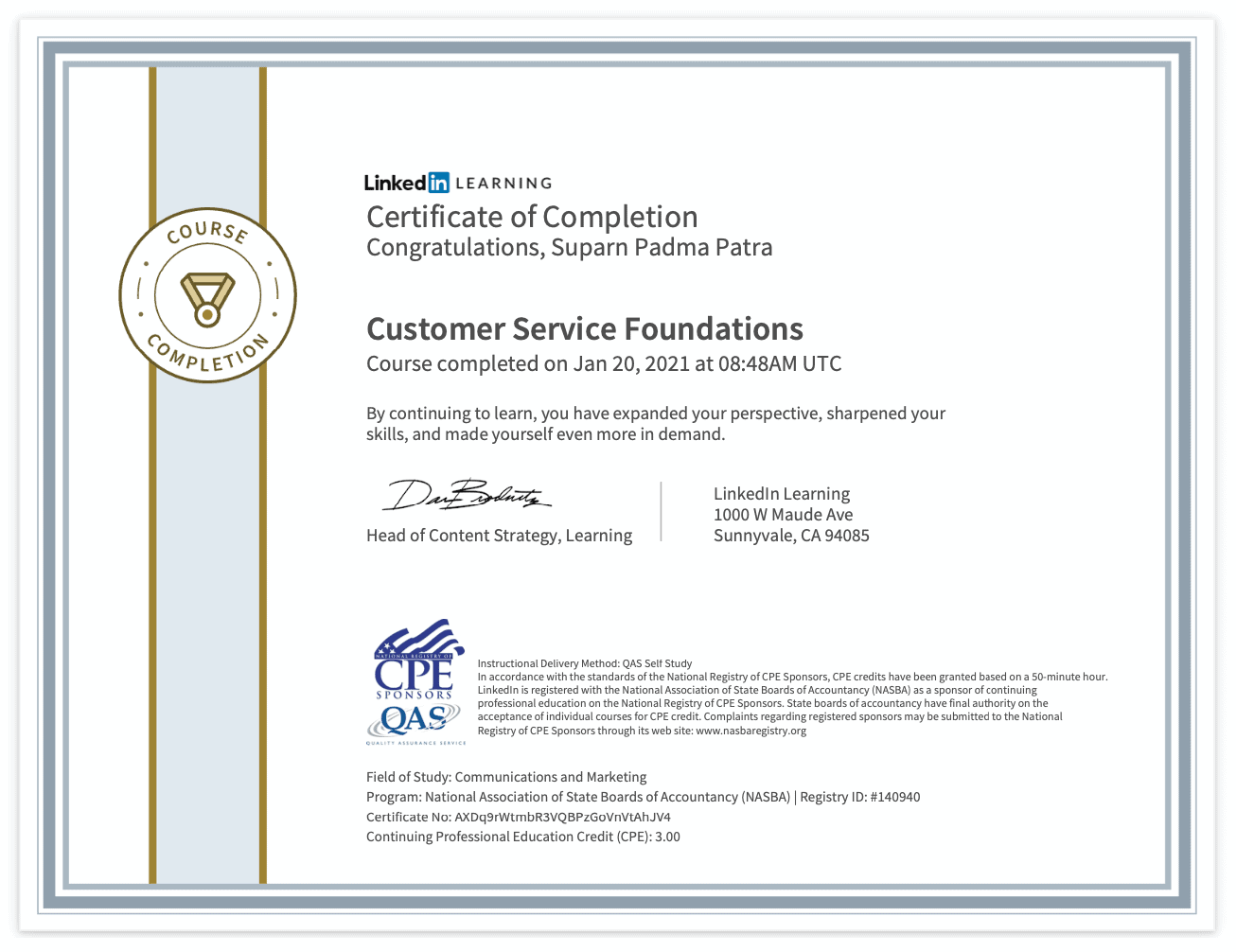LinkedIn Learning certificate example