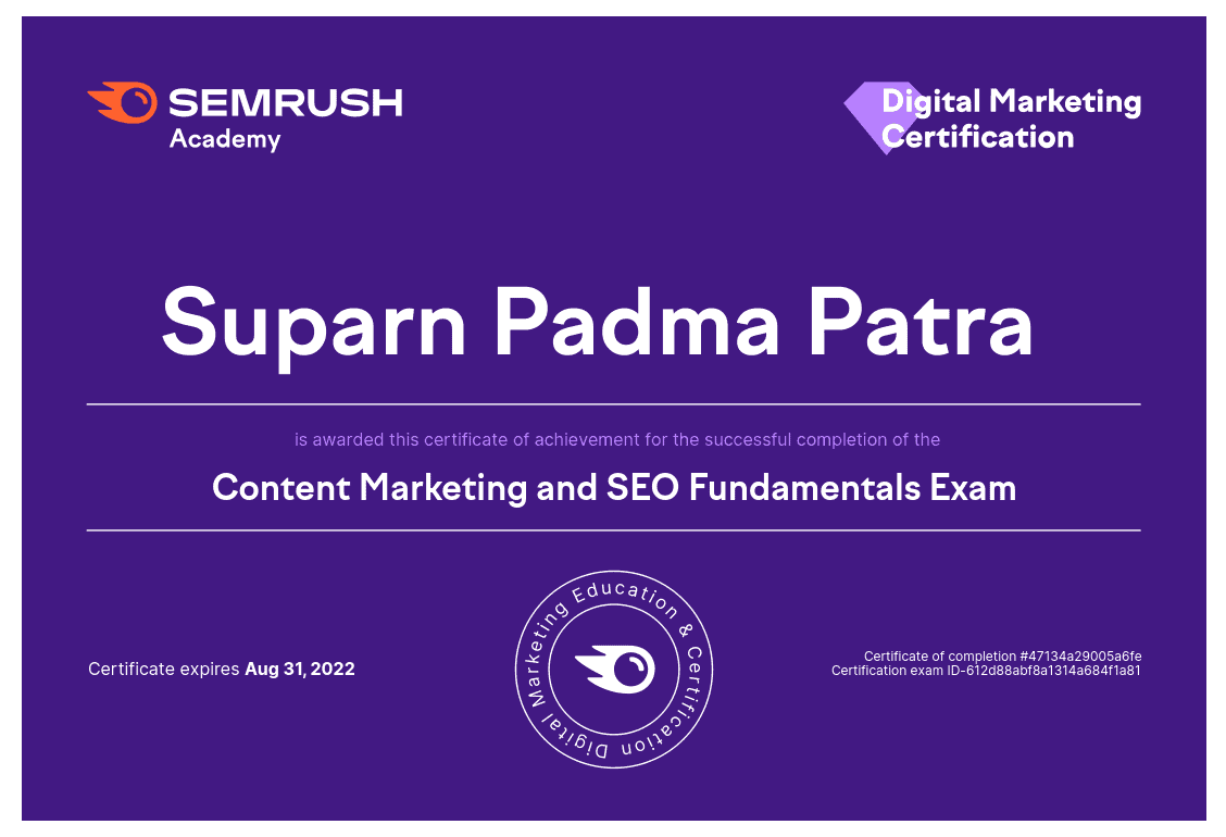 Semrush certificate example