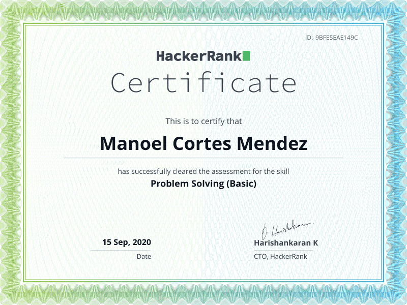 HackerRank certificate example